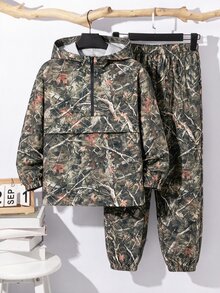 2件組兒童青少年男孩半拉鍊連帽外套與慢跑長褲套裝，休閒運動風，適合秋冬通勤、上學、日常穿著、度假、旅行與運動 - 卡其色 - 查看 5