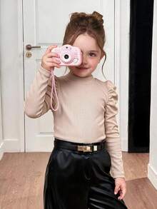 Emery Rose Kids Emery Rose Kids 女童修身復古羊腿袖小立領T恤，運動風，適合秋冬休閒日常穿著與上學穿搭，酷街頭風，萬聖節，Y2K女孩，休閒可愛，姐妹裝，母女套裝，黑色 - 杏色 - 查看 7
