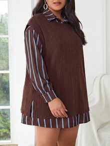 SHEIN Frenchy Plus Plaid Print Drop Shoulder Shirt With Vest Without Belt - Multicolor - View 5