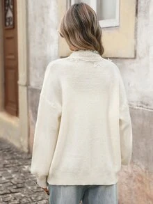 Brillora Autumn/Winter Sweater Collar Patchwork Lace Romantic Vacation Long Sleeve Casual Textured Back To School Date Shopping Thick Knit Cardigan - Apricot - View 2