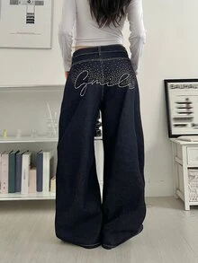 DAZY Women's Loose Straight Leg Casual Jeans With Letter Rhinestone Decor - Dark Wash - View 2