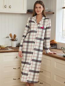Doze Lane Ribbed Plaid Holiday Women's Robe With Deer Embroidery Loungewear Long Robe - Apricot - View 1