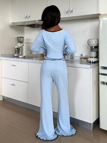 ZzzCrew Bowknot Decor Long Sleeve 2 Pieces Pajama Set, Slim Fit Flattering Ruffle Hem Loungewear - Baby Blue - View 2