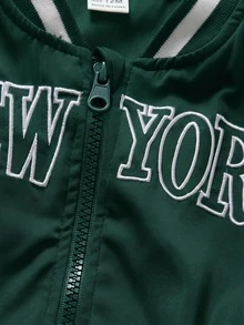 SHEIN Green Zipper Baseball Jacket, Ribbed Contrast Striped Collar, NEW YORK Letter Print, Woven Lightweight, Spring/Autumn - Dark Green - View 6