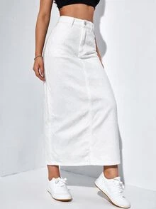 SHEIN EZwear 女款高腰長款休閒牛仔裙 - 白色 - 查看 3