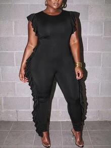 Slaydiva Plus Size Textured Zip Front Jumpsuit, Slim Fit Long Pants With Ruffle Back Detail, Curvy Night Out Outfit - Black - View 7