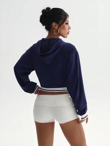 StreetHx Women's Patchwork Striped Drop Shoulder Long Sleeve Zip-Up Hooded Sweatshirt - Navy Blue - View 2
