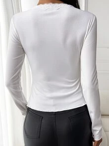DAZY White Lace Patchwork Single-Breasted Fitted Casual Versatile Knit T-Shirt Top Fall - White - View 2