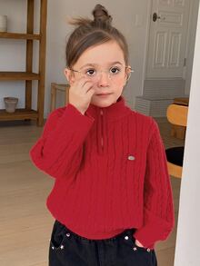 Hapijoa Sweater Rajut Kasual Lengan Panjang Setengah Resleting untuk Anak Perempuan - Burgundy - View 4