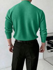 Manfinity Homme 男士極簡百搭羅紋長袖針織衫，適合日常穿著，老錢風情侶套裝 - 綠色 - 查看 2