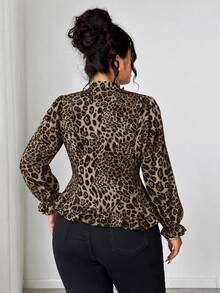 Elenzga Plus Size Stand Collar Slim Fit Elegant Leopard Print Asymmetrical Hem Frill Trim Patchwork Collar Ruffle Wood Frill Trim Elegant Commuter Long Sleeve Blouse - Brown - View 2