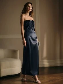 MOTF WOMEN'S ELEGANT RHINESTONE DECORATED PLEATED BANDEAU DRESS - Royal Blue - View 5