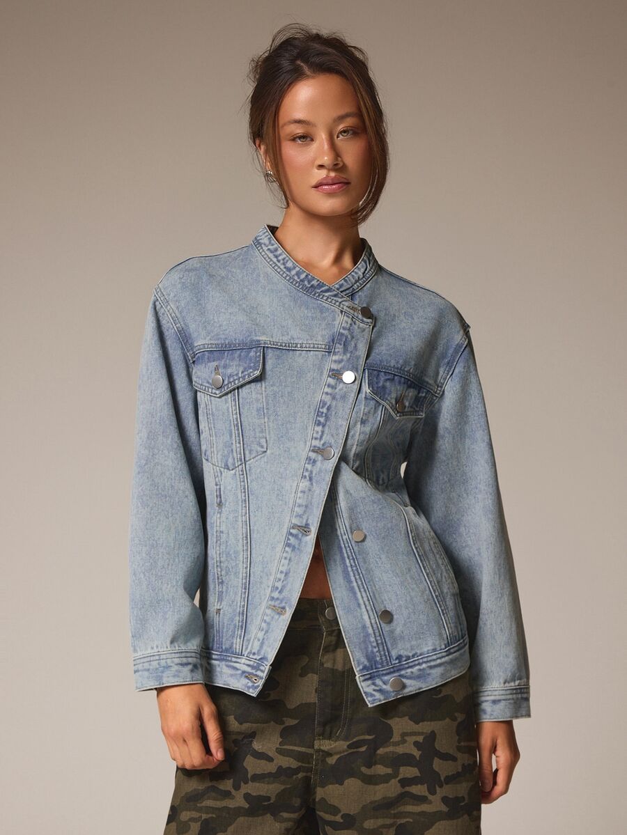 Athîral Denim 女款休閒街頭風不對稱鈕扣領牛仔夾克，秋冬街頭穿搭 - 藍色 - 查看 1