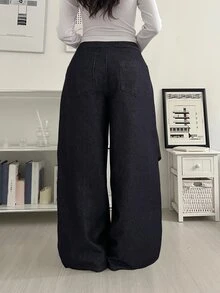 DAZY Women's Wrap Bow Decor Loose Straight Leg Denim Jeans - Dark Wash - View 5