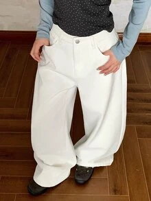 Livesso 女款標準中腰香蕉腿休閒長版牛仔褲 - 白色 - 查看 6