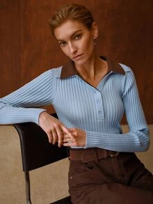 MOTF PREMIUM WOMEN'S COLORBLOCK LAPEL BUTTON HALF-PLACKET LONG SLEEVE RIBBED SWEATER - Baby Blue - View 7