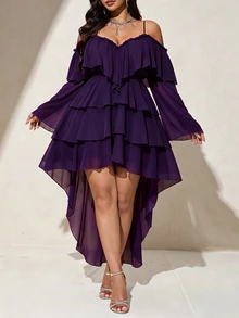 Viva Relle Plus Size Women Solid Color Fashion Party Dress Fall - Purple - View 3