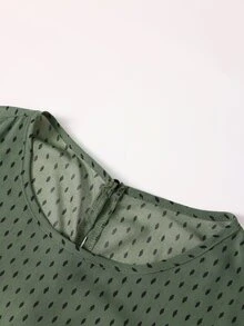 Linhara Plus Size Women's Army Green Printed Chiffon Round Neck Long Sleeve Ruched Rhinestone Button Decor Asymmetrical Hem Top And Long Wide Leg Pants 2 Pieces Set, Suitable For Daily Commute, Date, Vacation, Light Luxury Loose Drape Comfortable Plus Size Women's Clothing - Army Green - View 4