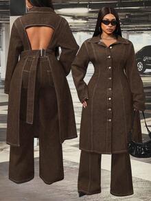 Slaydiva Plus Size Women's Non-Stretch Denim Long Jacket With Hollow Back Design, Cowboy Outfits For Women - Coffee Brown - View 7