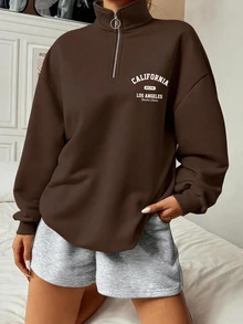 SHEIN EZwear 休閒簡約寬鬆半拉鍊高領運動衫，適合秋冬穿著 - 棕色 - 查看 4