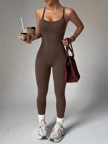SHEIN Dewbera Athletic Tight Sleeveless Jumpsuit - Brown - View 3