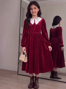 SHEIN 青少年女孩秋冬休閒度假優雅時尚天鵝絨純色彼得潘領泡泡袖A字洋裝，聖誕節 - 紅色 - 查看 1