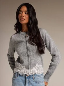 COSMINA Women's Lace Patchwork Casual Versatile Daily Outing Cardigan - Grey - View 1