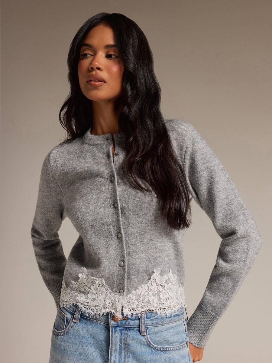 COSMINA Women's Lace Patchwork Casual Versatile Daily Outing Cardigan - Grey - View 1