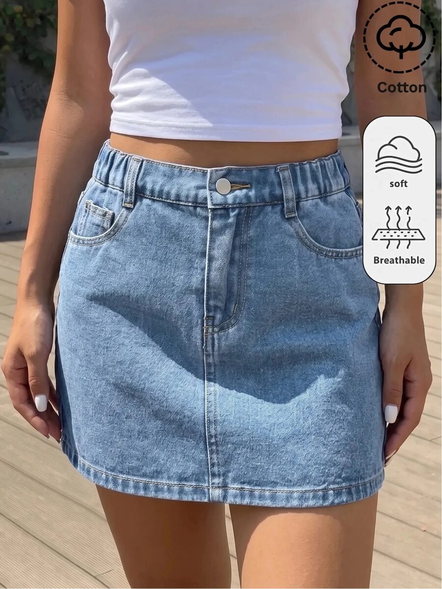 SHEIN 女童藍色牛仔迷你裙 2026秋冬款 可愛Y2K百搭 萬聖節新年穿搭 - 藍色 - 查看 1