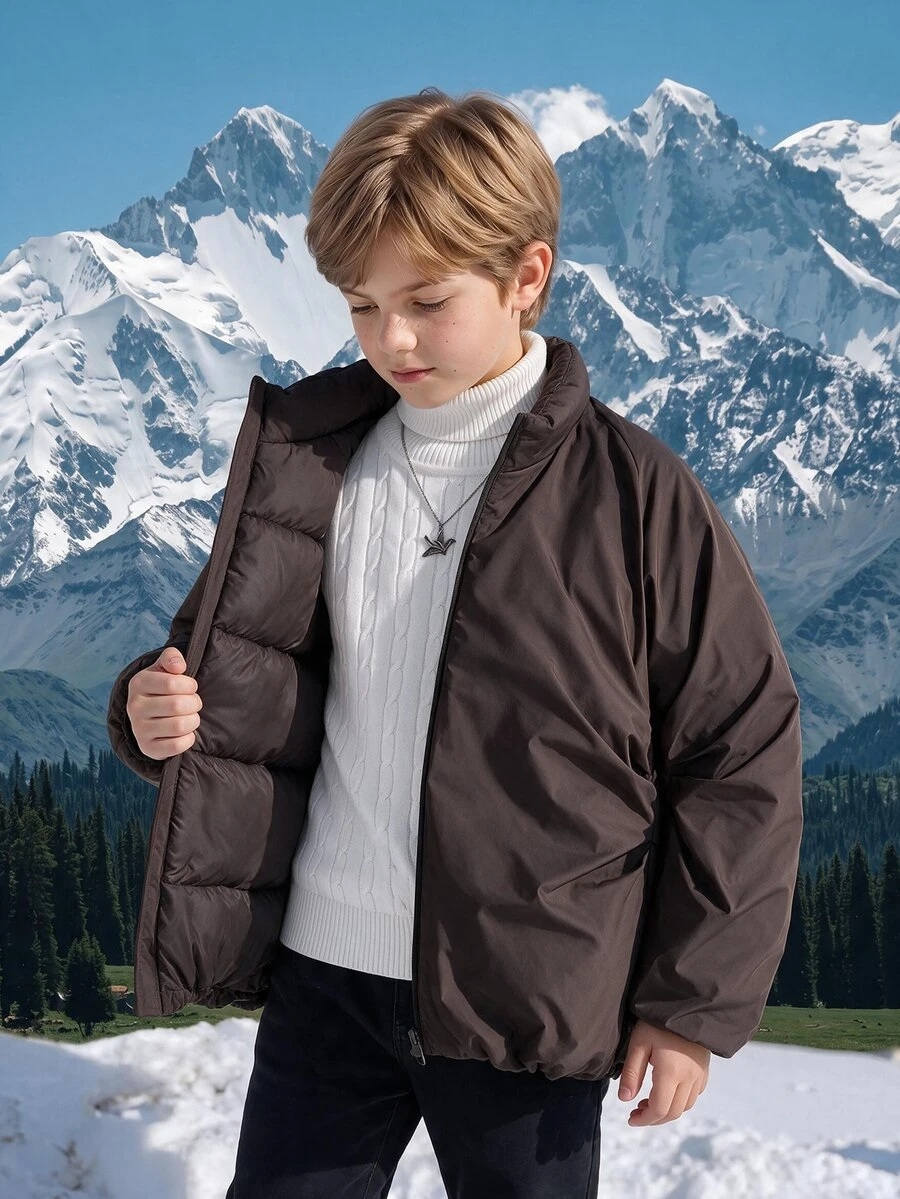 SHEIN Teen Boy Solid Color Long Sleeve Zip-Up Casual Winter Jacket - Coffee Brown - View 1