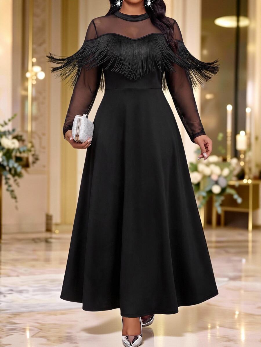 Fleurora فستان حفلة كاجوال للنساء بمقاسات كبيرة بتصميم شبكي مرقع مع شرابات - الأسود - مشاهدة 1