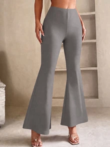 SHEIN PETITE Solid Flare Leg Spring Black Pants - Grey - View 1