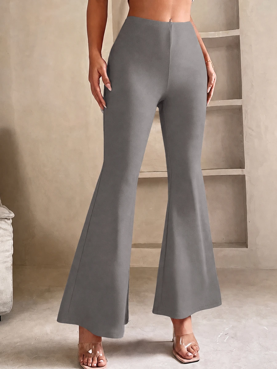SHEIN PETITE Solid Flare Leg Spring Black Pants - Grey - View 1