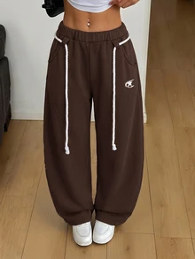 SHEIN PETITE 女款淺灰色冬季運動休閒健身運動褲，秋季街頭風返校學院風休閒彈性腰帶圓弧下擺寬腿長褲 - 咖啡棕 - 查看 3
