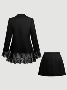 SHEIN MOD Plus Size Women Solid Color Contrast Lace Cuff Blazer And Skirt Elegant Set - Black - View 3