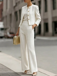 SHEIN Women's Autumn/Winter New White Elegant Pearl Metal Button Round Neck Short Jacket & Straight Leg Pants Set, Suitable For Daily Commute, Business Meetings And Various Occasions - White - View 4