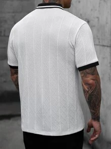 Manfinity CasualCool 男士白色提花針織 Polo 衫，標準版型對比領刺繡短袖 Polo 衫，學院風休閒商務休閒男士日常辦公上衣 - 白色 - 查看 2