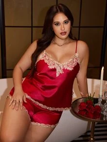 SilkySpell 2-Piece Set Women's Sexy Plus Size Silk Pajama Set, Embroidered Lace Contrast Color Sleepwear, Elegant Satin Burgundy Pajama Set, Silky Multi-Piece Set - Burgundy - View 4