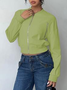 SHEIN LUNE 女款素色長袖拉鍊棒球夾克 - 黃綠色 - 查看 5