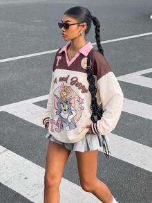 TOM & JERRY X SHEIN SHEIN EZwear 大尺碼女款字母卡通印花長袖休閒T恤，適合外出、街頭穿搭、機場造型 - 彩色 - 查看 3