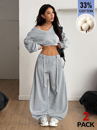 Coolane Conjunto de 2 piezas/dos piezas de sudadera corta de manga larga con cuello en V y pantalones de pierna ancha, estilo deportivo casual de calle en gris claro para mujer, para salir en otoño/invierno y Halloween