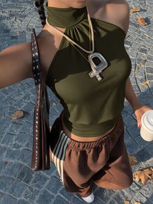 Muchica 巧克力棕色針織高領上衣女款，夏季上衣 - 軍綠色 - 查看 1