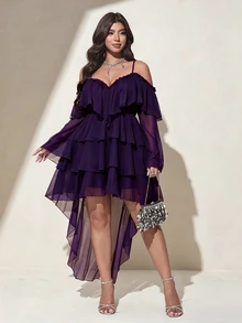 Viva Relle Plus Size Women Solid Color Fashion Party Dress Fall - Purple - View 4