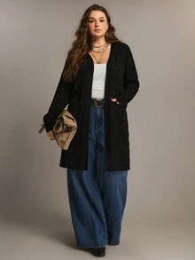Freevana Women's Open Front Hooded Cardigan - Solid Color Black Cable Knit Sweater - Long Coats - Black - View 5