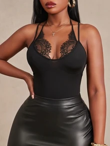 SHEIN SXY Black High Elasticity Knit Sleeveless Camisole Contrast Lace Fitted Backless Camisole - Black - View 7