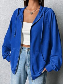 SHEIN EZwear 拉鍊式插肩袖抽繩連帽衫，秋冬長袖上衣 - 寶藍色 - 查看 1
