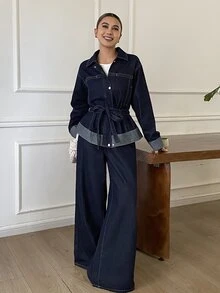 DAZY Women's Washed Dark Blue Loose Tie Waist Cinched Waist Denim Set - Dark Wash - View 2