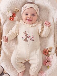 SHEIN Baby Girl Floral Rabbit Pattern Casual Daily Knit Jumpsuit - Khaki - View 3