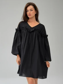DAZY ثوب نوم نسائي بلون موحد بياقة على شكل حرف V وحافة مكشكشة وأكمام طويلة وقصة فضفاضة - الأسود - مشاهدة 9