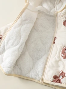 SHEIN 男女嬰兒/幼兒秋冬保暖加厚可愛熊圖案連帽填充外套，嬰兒冬季外套，抓絨加厚填充外套 - 杏色 - 查看 6